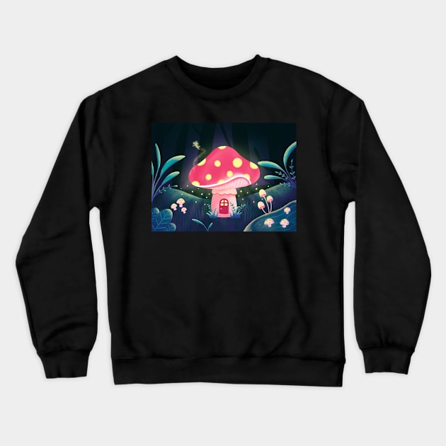 Mushroom House in a Magical World Crewneck Sweatshirt by lisanisafazrin